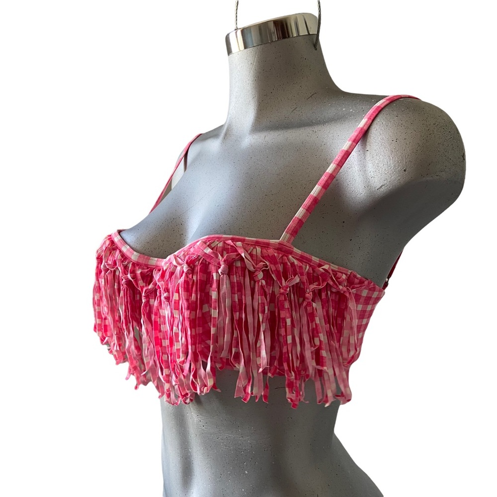 Coco Rave Sunbeam Demi Fringe Bikini Top Plaid Swimsuit Coastal M/L 34/36 C Cup
